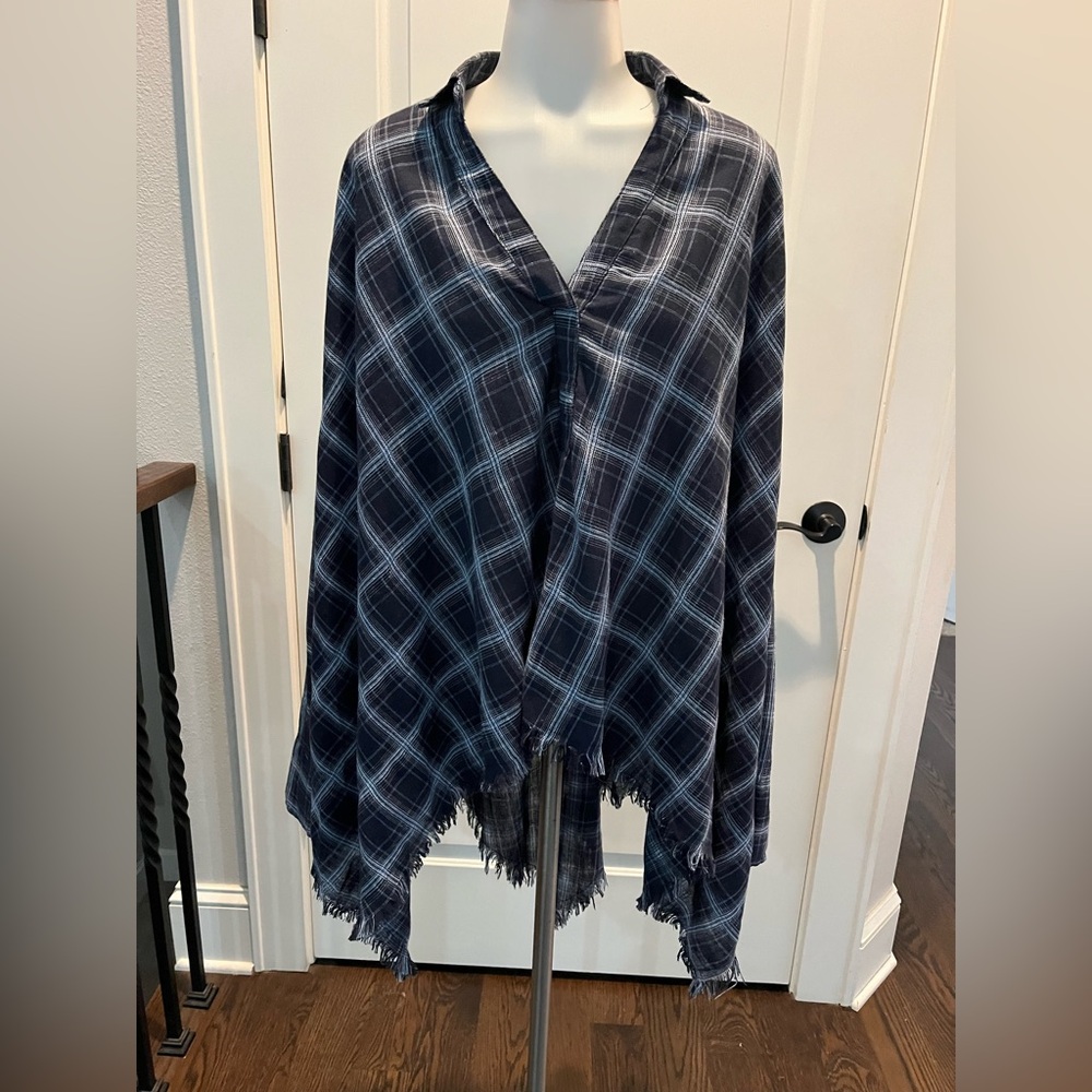 Umgee S  navy blue White Plaid Poncho shirt oversized raw edge fringe flannel